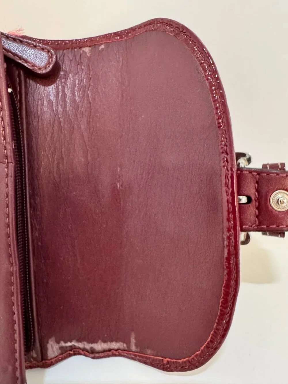 Coach Signature Burgundy Jacquard Buckle Wallet Patent Leather